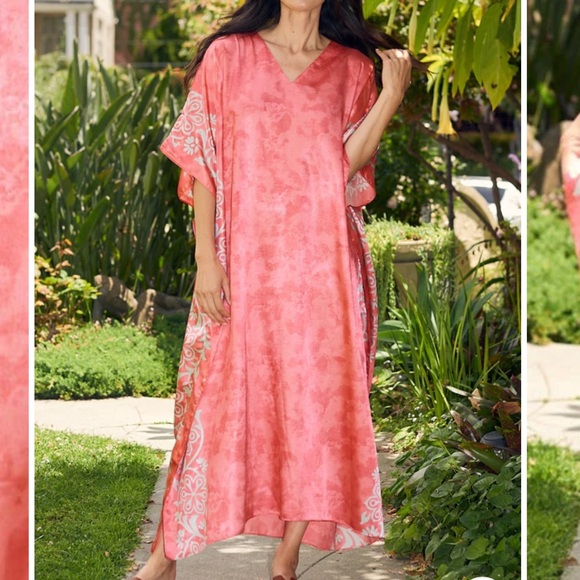 CARESS PEACHY PINK MIX S-4X LOUNGE COVERUP ROBE RESORT MAXI DRESS KAFTAN… - Picture 1 of 4